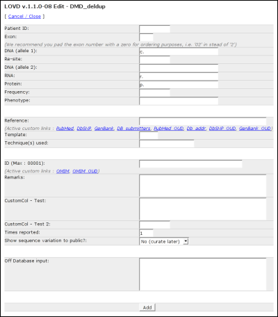 An example of the 'Add variant' form, which opens in a new window. An example of the 'Add variant' form, which opens in a new window.