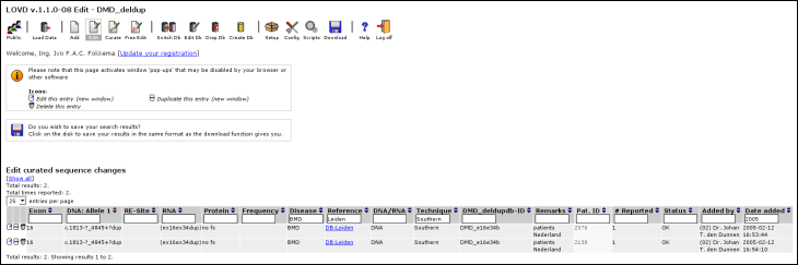 The Edit list, searching on mutations reported in 2005 by the Leiden laboratory, detected by Southern blot and causing a BMD phenotype. The Edit list, searching on mutations reported in 2005 by the Leiden laboratory, detected by Southern blot and causing a BMD phenotype.