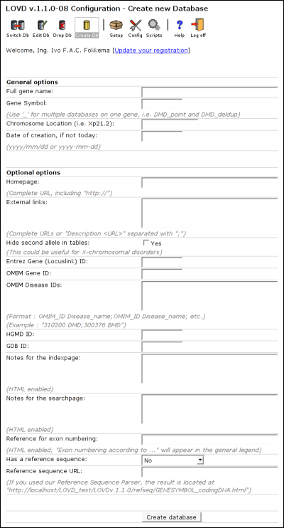 The 'Create new Database' form as it appears directly after installation of LOVD. The 'Create new Database' form as it appears directly after installation of LOVD.