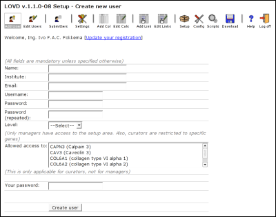 The form used to create new LOVD users. The form used to create new LOVD users.